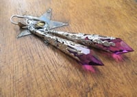 Image 3 of Vamp Ornate Pointed Earrings, Purple & Antique Silver, Pierced or Clip On 
