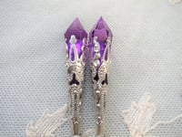 Image 4 of Vamp Ornate Pointed Earrings, Purple & Antique Silver, Pierced or Clip On 