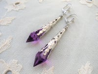Image 5 of Vamp Ornate Pointed Earrings, Purple & Antique Silver, Pierced or Clip On 