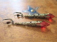 Image 1 of Vamp Ornate Pointed Earrings, Red & Antique Bronze, Pierced or Clip On