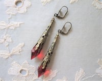 Image 3 of Vamp Ornate Pointed Earrings, Red & Antique Bronze, Pierced or Clip On