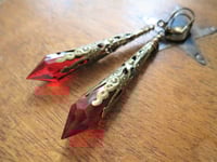 Image 4 of Vamp Ornate Pointed Earrings, Red & Antique Bronze, Pierced or Clip On