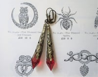 Image 5 of Vamp Ornate Pointed Earrings, Red & Antique Bronze, Pierced or Clip On