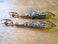 Image 1 of Vamp Ornate Pointed Earrings, Olive & Antique Copper, Pierced or Clip On