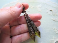 Image 2 of Vamp Ornate Pointed Earrings, Olive & Antique Copper, Pierced or Clip On