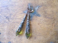 Image 3 of Vamp Ornate Pointed Earrings, Olive & Antique Copper, Pierced or Clip On