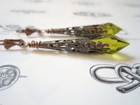 Image 6 of Vamp Ornate Pointed Earrings, Olive & Antique Copper, Pierced or Clip On