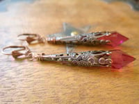 Image 1 of Vamp Ornate Pointed Earrings, Cerise & Antique Copper, Pierced or Clip On 