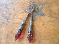 Image 3 of Vamp Ornate Pointed Earrings, Cerise & Antique Copper, Pierced or Clip On 