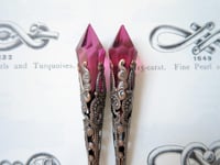 Image 4 of Vamp Ornate Pointed Earrings, Cerise & Antique Copper, Pierced or Clip On 