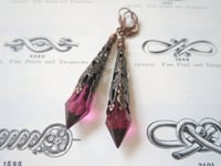 Image 5 of Vamp Ornate Pointed Earrings, Cerise & Antique Copper, Pierced or Clip On 