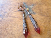 Image 6 of Vamp Ornate Pointed Earrings, Cerise & Antique Copper, Pierced or Clip On 