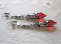 Image 1 of Vamp Ornate Pointed Earrings, Red & Gunmetal, Pierced or Clip On 