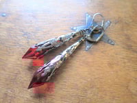 Image 3 of Vamp Ornate Pointed Earrings, Red & Gunmetal, Pierced or Clip On 