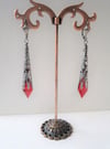 Gothic Vamp Pointed Earrings, Red & Gunmetal, Pierced or Clip On 