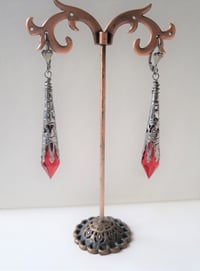 Image 8 of Vamp Ornate Pointed Earrings, Red & Gunmetal, Pierced or Clip On 