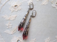 Image 4 of Vamp Ornate Pointed Earrings, Red & Gunmetal, Pierced or Clip On 
