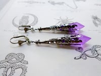 Image 1 of Vamp Ornate Pointed Earrings, Purple & Gunmetal, Pierced or Clip On 