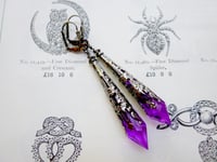 Image 5 of Vamp Ornate Pointed Earrings, Purple & Gunmetal, Pierced or Clip On 