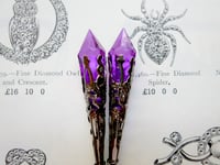 Image 4 of Vamp Ornate Pointed Earrings, Purple & Gunmetal, Pierced or Clip On 