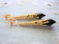 Image 1 of Vamp Ornate Pointed Earrings, Black & Antique Gold, Pierced or Clip On