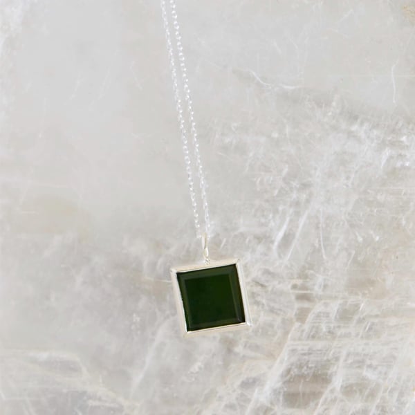 Image of Green Jade square bevel cut silver necklace
