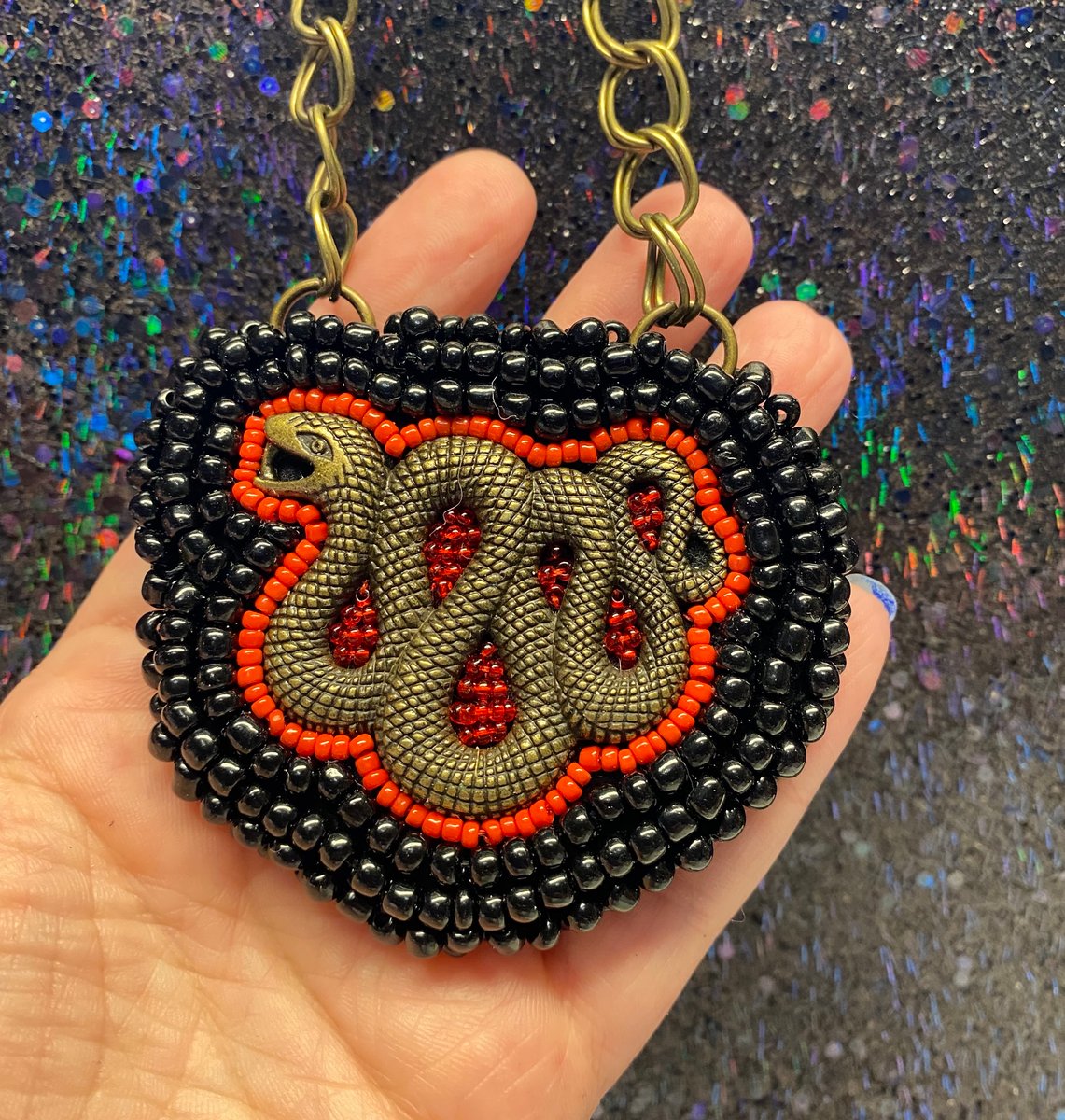 Large Hand Beaded Red And Black Snake Necklace By Ugly Shyla Uglyshyla Large Hand Beaded Red And Black Snake Necklace By Ugly Shyla Uglyshyla