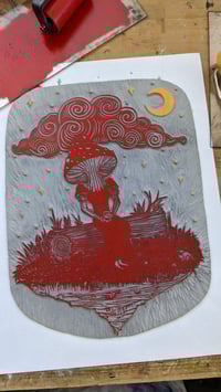 Image 5 of 𝒟𝓇𝑒𝒶𝓂𝓎 𝐵𝓁𝓊𝑒, Toadstool Princess - Linocut Print 