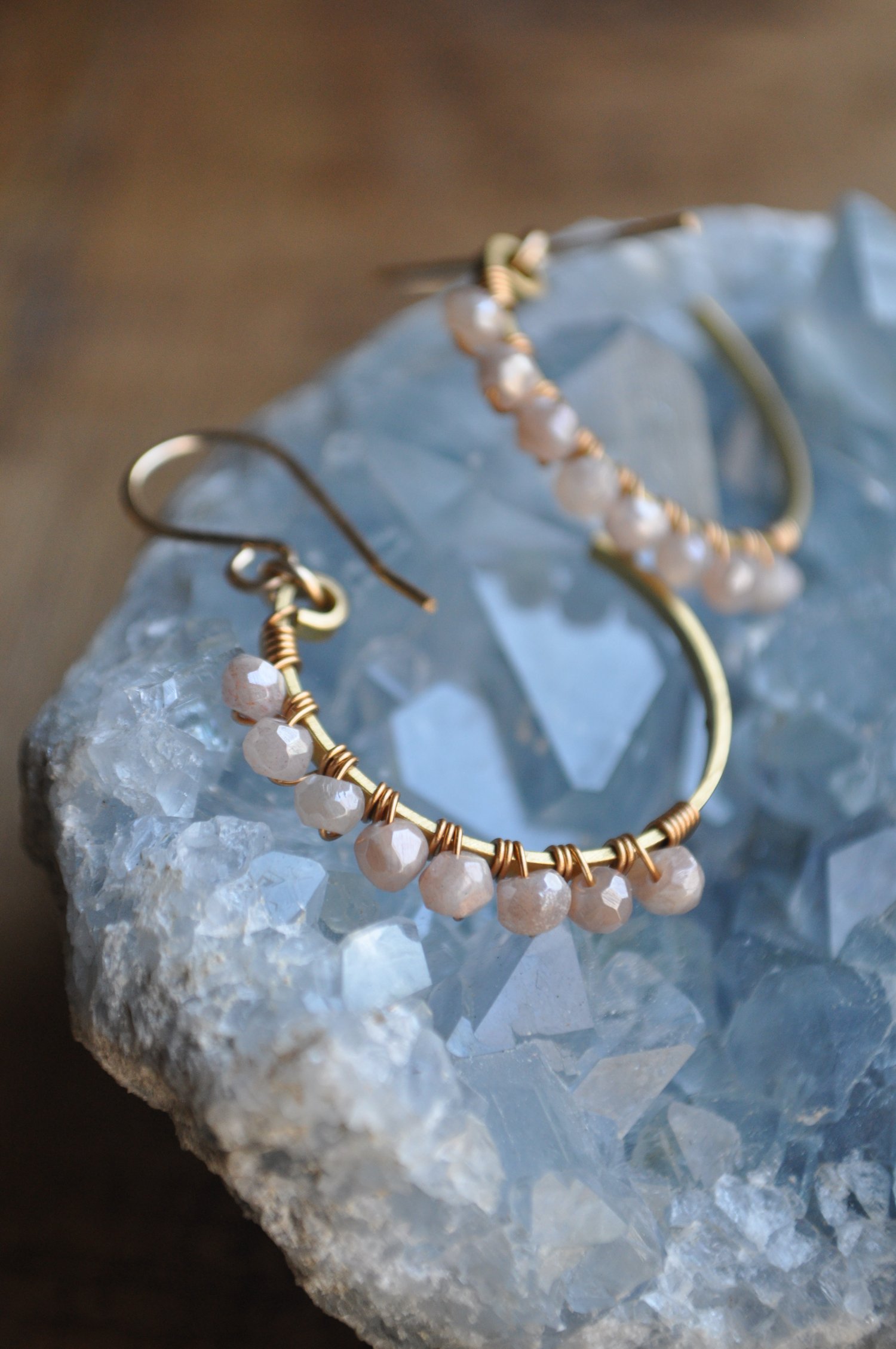 Image of Peach Moonstone Small Crescent Hoops