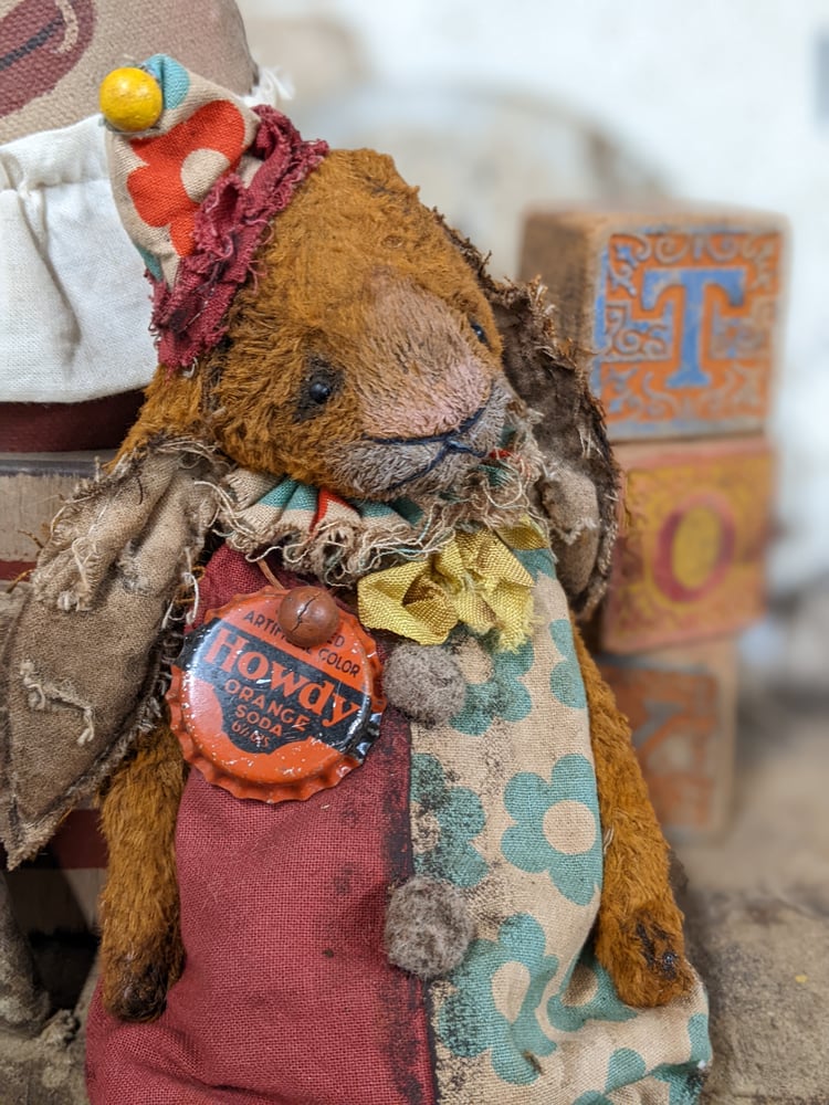 Image of HOWDY - 8.5" - Frumpy Primitive Lop-Eared  Rabbit  in romper by Whendi's Bears --