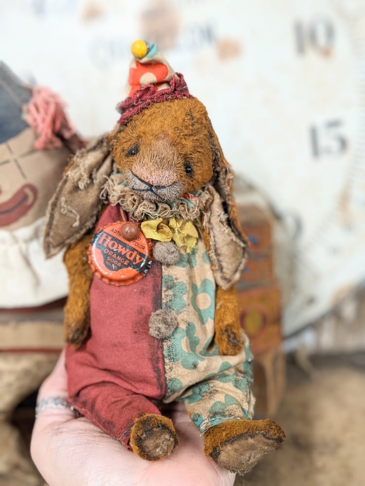 Image of HOWDY - 8.5" - Frumpy Primitive Lop-Eared  Rabbit  in romper by Whendi's Bears --