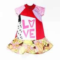 Image 3 of patchwork red LOVE pink cute 4T handprinted courtneycourtney dress short sleeve twirl vintage fabric
