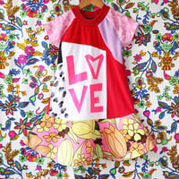 Image 2 of patchwork red LOVE pink cute 4T handprinted courtneycourtney dress short sleeve twirl vintage fabric