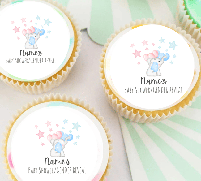 PERSONALISED Pre-cut Gender Reveal Baby Shower / Baby Elephant / Cupcake Cookie Cake Edi