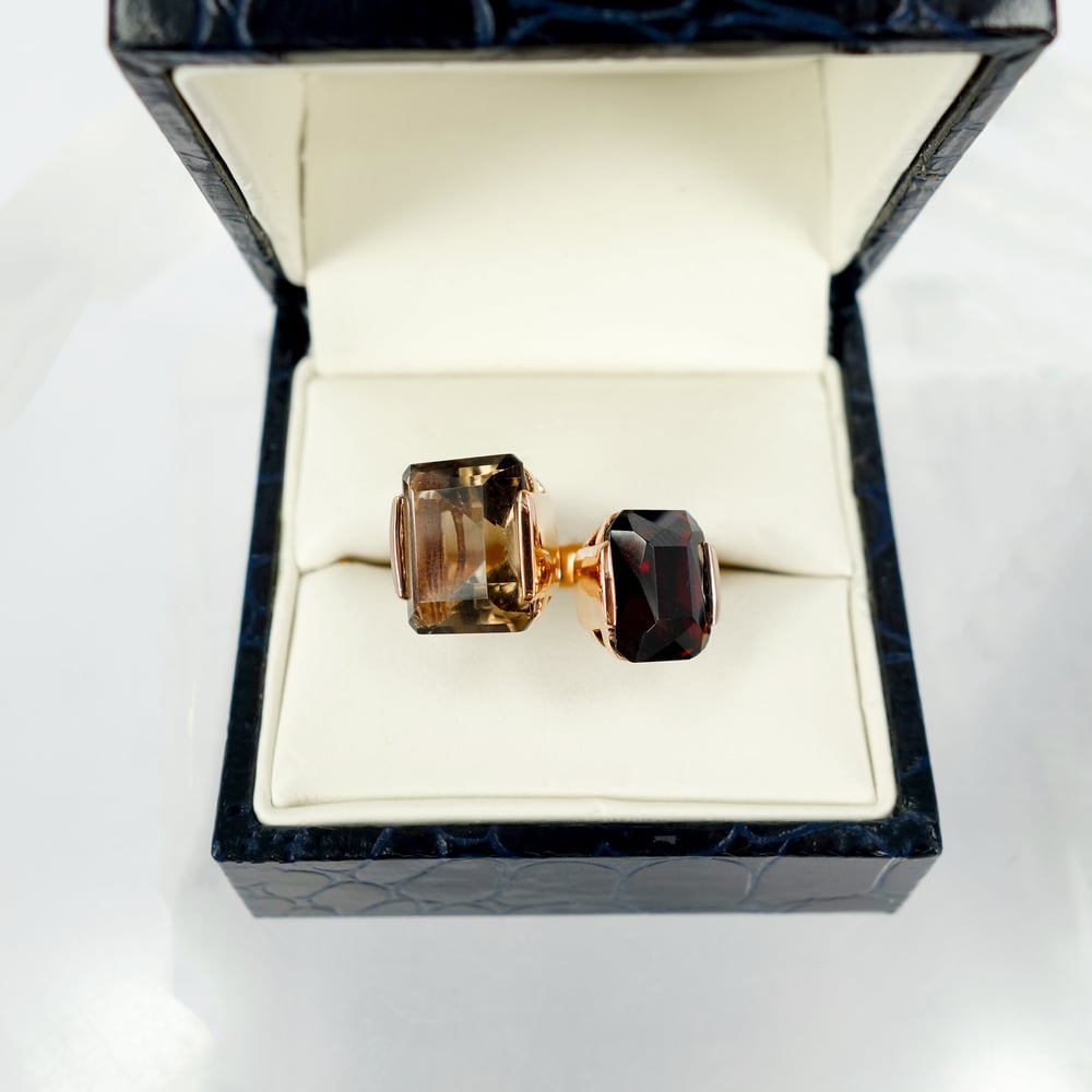 Image of 9ct rose gold cocktail ring set with smokey quartz & garnet. PJ5958