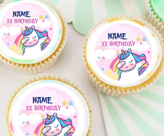 PERSONALISED Pre-cut Birthday UNICORN Toppers /Cupcake Cookie Cake Edible Toppers / Rain