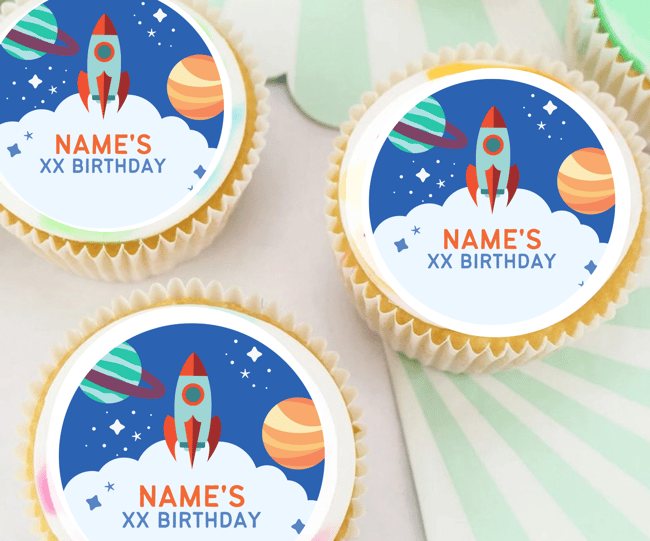 PERSONALISED Pre-cut Birthday SPACE Toppers / Cupcake Cookie Cake Edible Toppers / Space