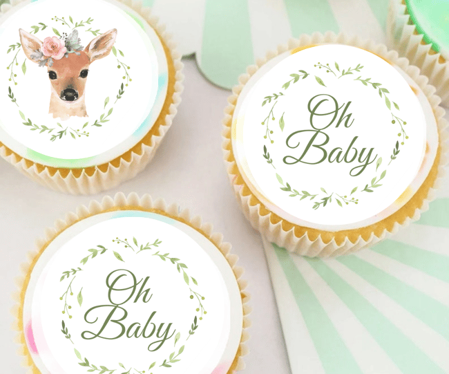 30 Pre Cut Baby Shower Cupcake/Cookie Edible Toppers / Oh Baby and Deer
