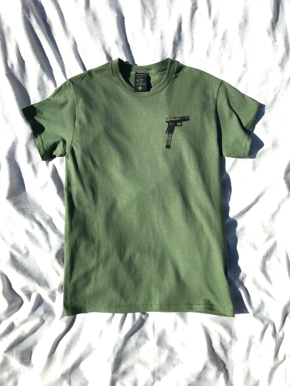 different kind of cat tee in army green 