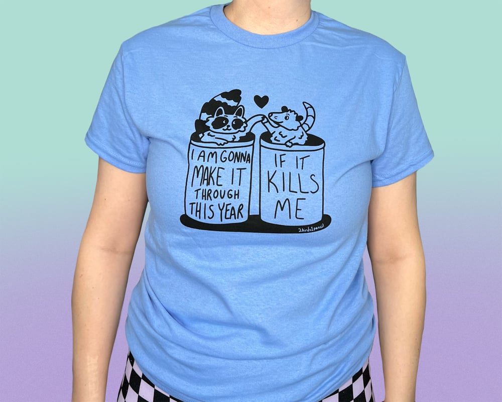 Image of Raccoon and possum in trash cans t-shirt