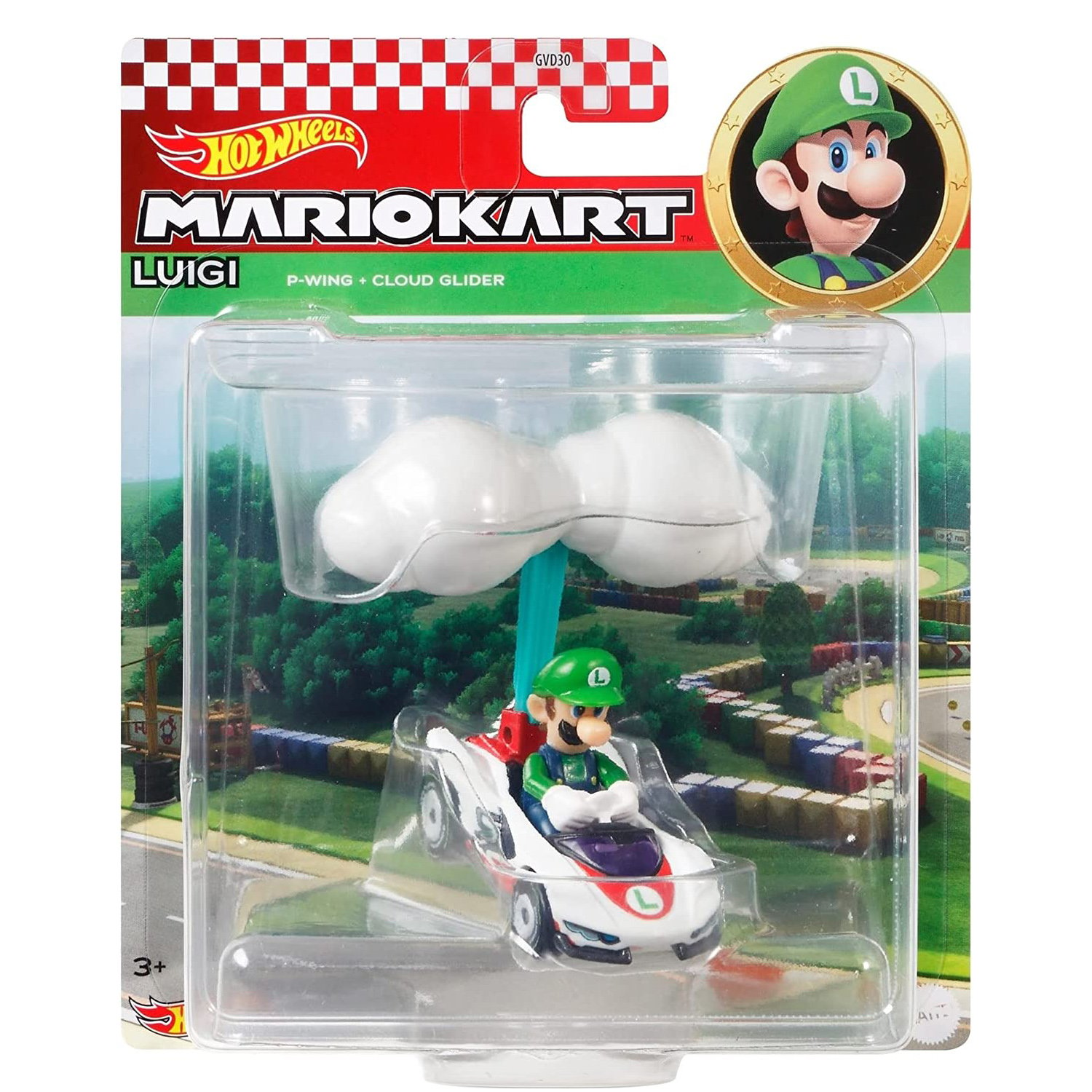 Hot Wheels Die-Cast Mario Kart Luigi in P-Wing Kart with Cloud Glider