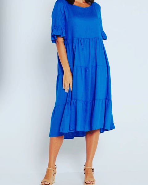 Image of Kate Linen Cotton Tiered Dress - cobalt blue