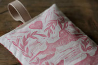 Image 3 of Loving hares linocut lavender bag/ hand warmer with Willaim Morris fabric