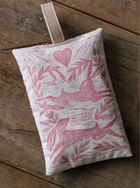 Image 2 of Loving hares linocut lavender bag/ hand warmer with Willaim Morris fabric