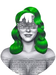 Paradysia painting by Francesca Apicella. Featuring a green pinup portrait with Drachenberg Castle and lace embroidered with Dante's Paradiso