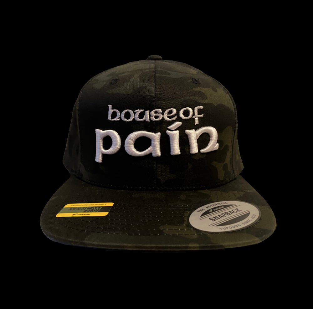 Image of House of Pain "Multicam Black" snapback white logo.