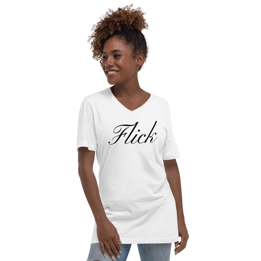 Image of Flick White Unisex Short Sleeve V-Neck T-Shirt 