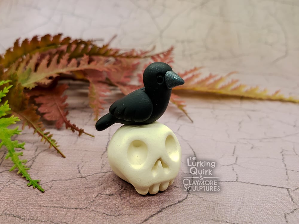 Mini Polymer Clay Crow Sitting on a Skull