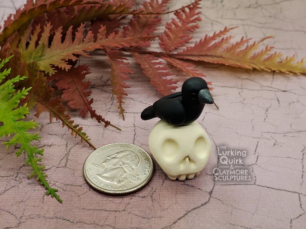 Mini Polymer Clay Crow Sitting on a Skull