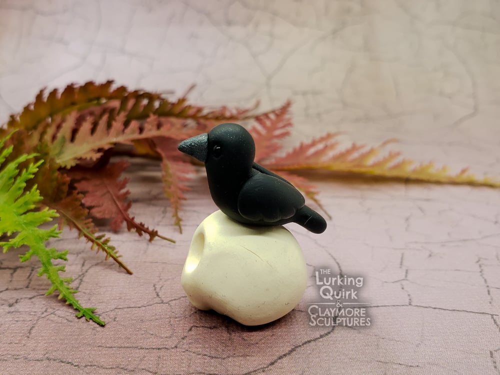 Mini Polymer Clay Crow Sitting on a Skull